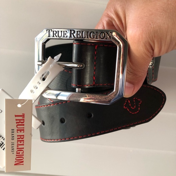 True Religion Black Leather Belt with Red stitching men’s L-XL - Picture 2 of 9